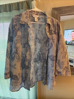 Classic Blue Striped Butterfly Floral-Print Women’s Shirt